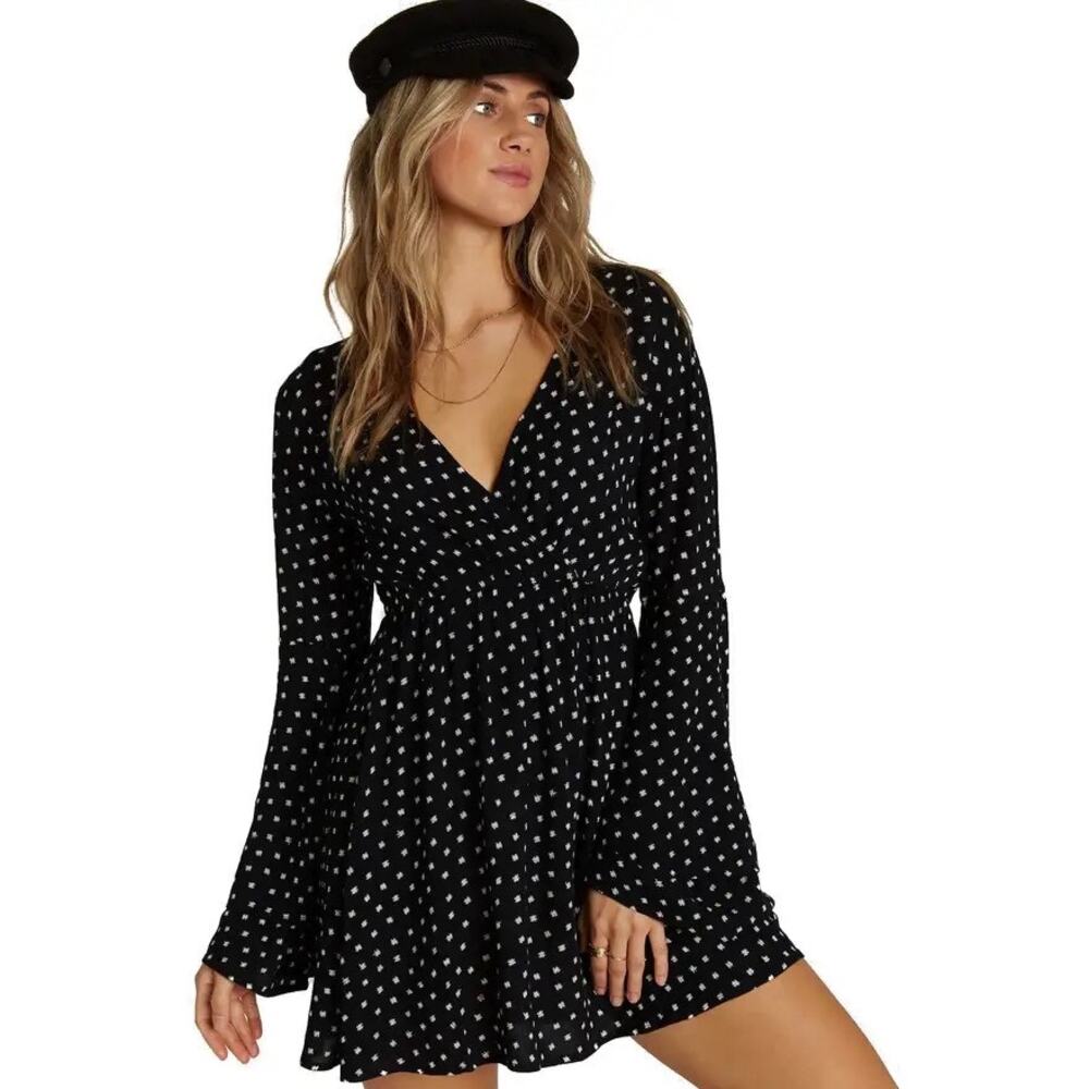 Billabong Night Fever Black White Printed Mini Dress Bell Sleeves Size Medium